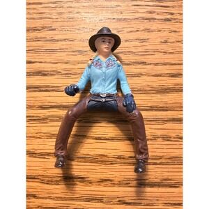 Schleich Western Cowgirl Figure Riding blonde hair, Blue Shirt, Brown Chaps Hat